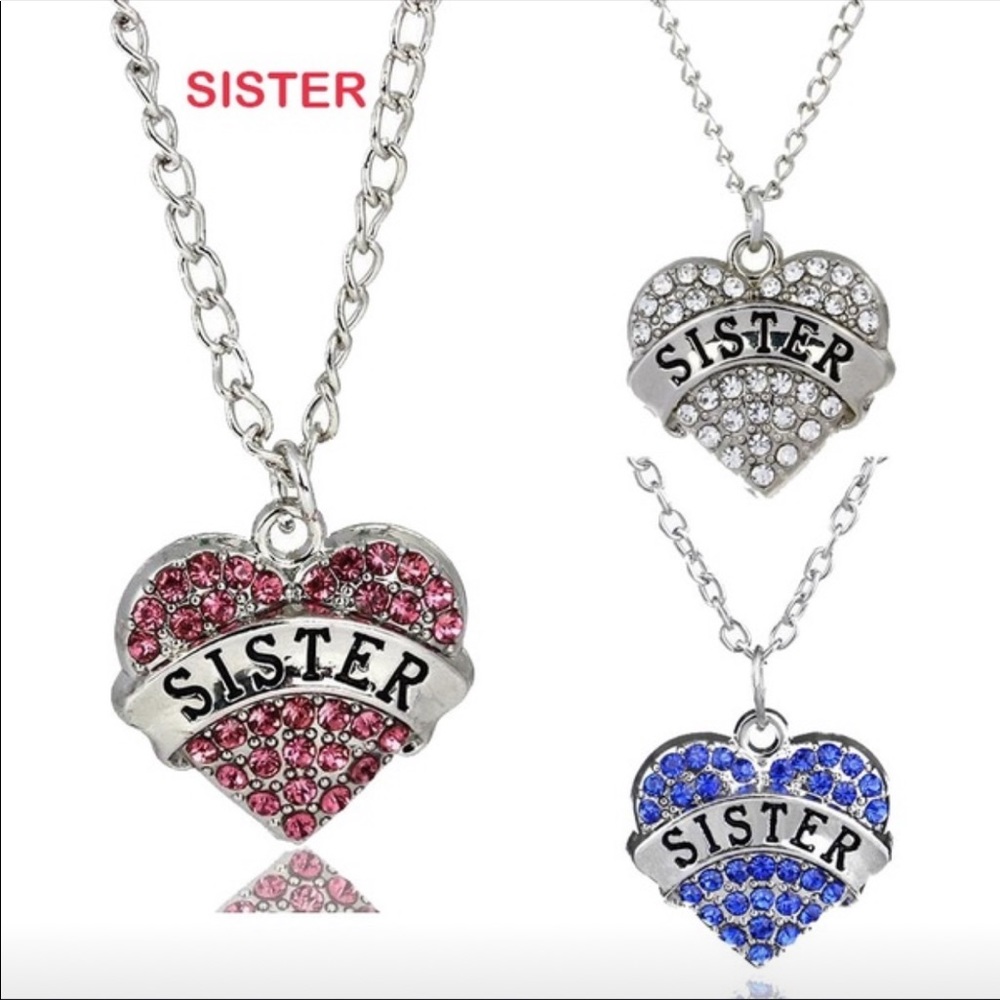 Crystal Heart Pendant Necklace SISTER LetterCarved
